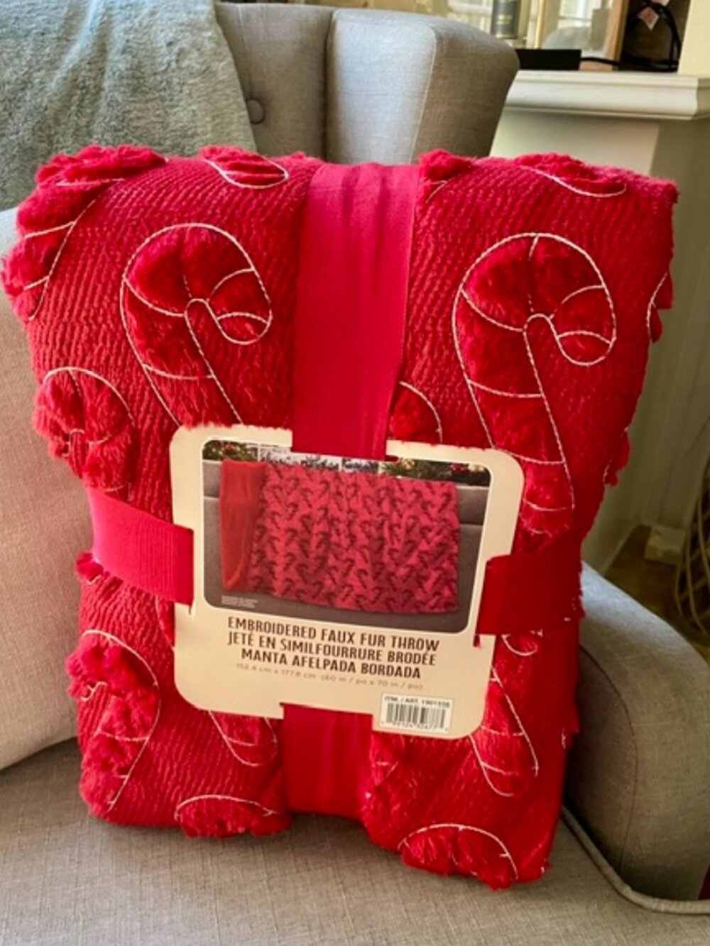 NEW Costco Red Candy Cane Embroidered Faux Fur Throw Blanket